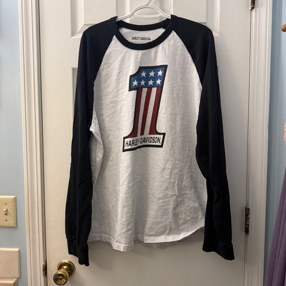 Harley Davidson Shirt Mens XL White Black Long Sleeve #1 Race Raglan Graphic Top